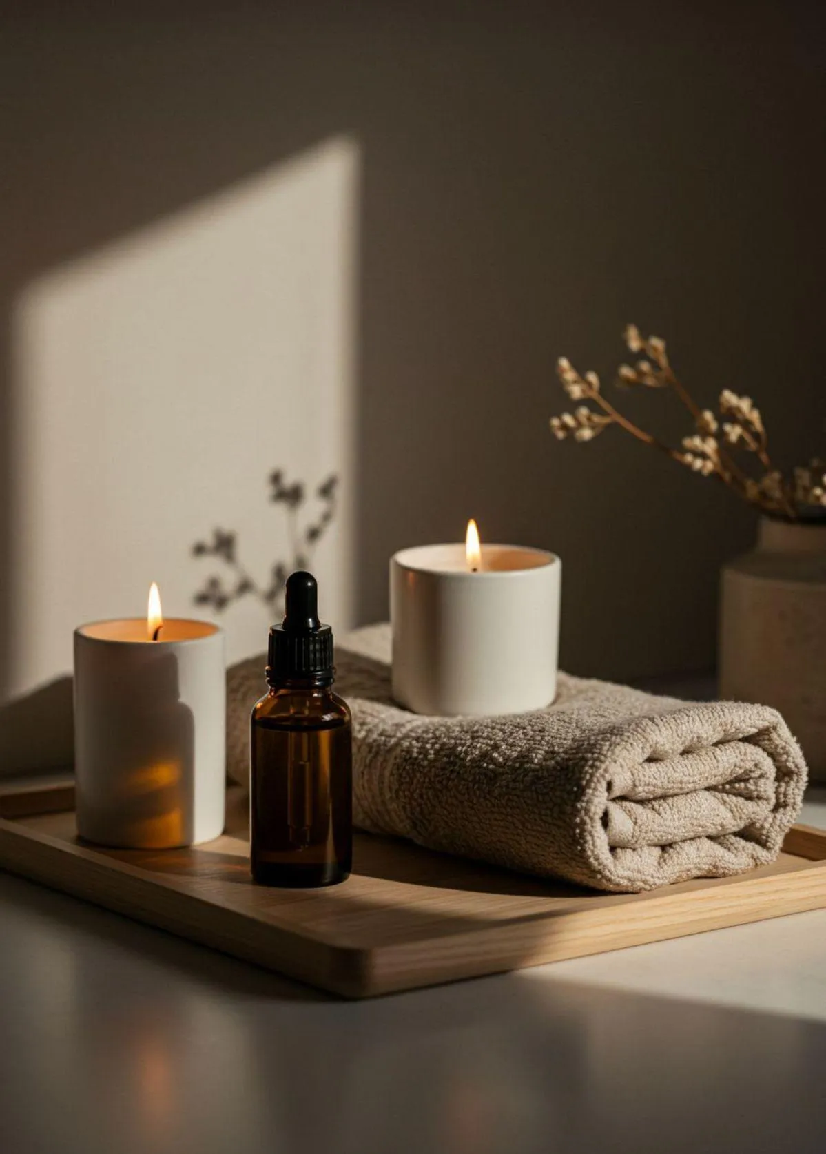 Spa decor — candles, essential oils and towels